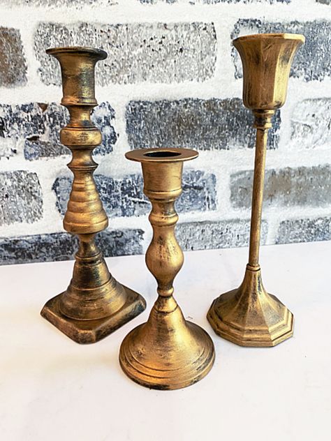 Repurpose Brass Candlesticks, Brass Candle Holders Decor Ideas, Diy Brass Candlestick Holders, Decorating With Brass Candlesticks, Brass Candle Holders Decor, Thriftmas Ideas, Candlestick Decor Ideas, Brass Candlesticks Decor, Painted Brass Candlesticks