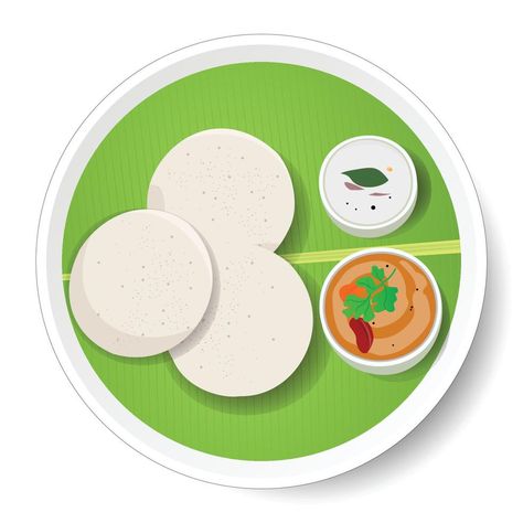 South Indian food Idly with Coconut Chutney and Sambar Served on plate with Banana Leaf, Vector File Dosa Drawing, School Wall Art Ideas, Idli Sambar, Cute Cartoon Food, Animated Emojis, Food Logo Design Inspiration, Leaf Vector, Indian Illustration, Logo Design Inspiration Creative