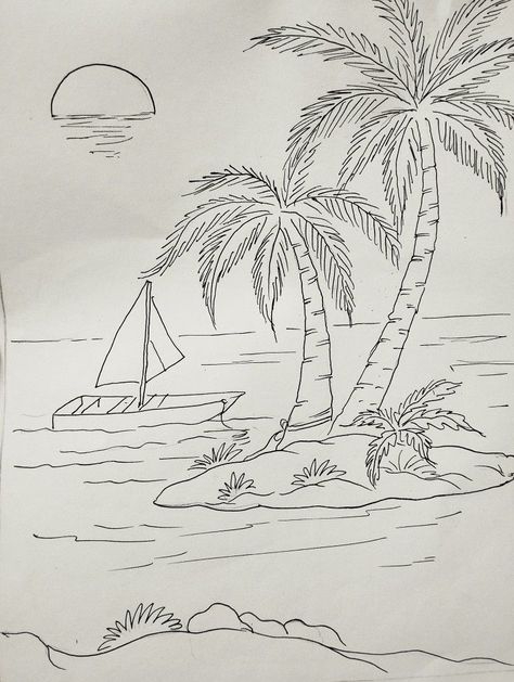 Beach Sketch Simple, Beautiful Scenery Drawing, Beach Sketches, Landscape Pencil Drawings, Ocean Drawing, Decorative Painting Patterns, The Art Sherpa, Easy Flower Drawings, Beach Drawing