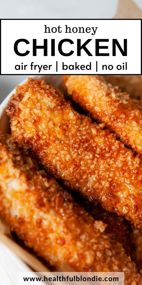 These are the crispiest hot honey chicken tenders glazed in a butter-free, sweet and spicy sauce and coated in a crunchy breading. Make them in your air fryer or oven without oil for an easy appetizer or weeknight dinner. Easily make them gluten-free! Hot Honey Recipe Chicken Tenders, Gluten Free Hot Honey Chicken, Gluten Free Chicken Tenders Air Fryer, Hot Honey Chicken Tenders Air Fryer, Hot Honey Chicken Air Fryer, Gluten Free Chicken Fingers, Chicken Tenders Air Fryer, Hot Honey Chicken Tenders, Honey Chicken Tenders