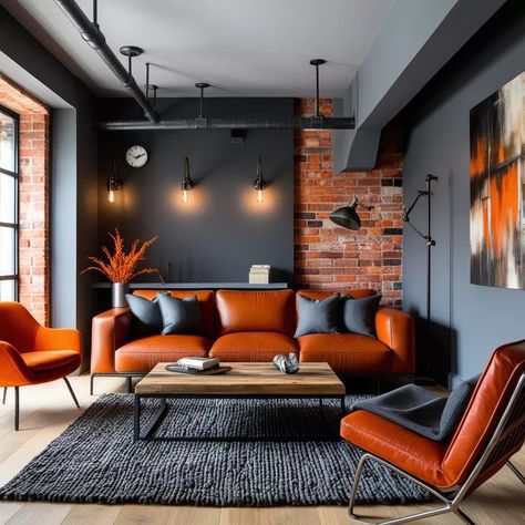 27 Stunning Burnt Orange Living Room Ideas for a Warm and Inviting Space - Style Zuri Burnt Orange And Gray Living Room, Orange And Black Office, Navy Blue And Orange Living Room, Burnt Orange Living Room Ideas, Orange Accents Living Room, Burnt Orange Living Room Decor, Orange Living Room Ideas, Grey And Orange Living Room, Living Room Ideas For Men