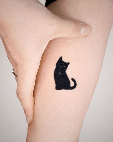 Realistic Portraits: These tattoos capture the lifelike essence of a cat, often showcasing intricate details of fur, whiskers, and eyes. Silhouettes: Silhouette tattoos depict the outline of a cat in a simple and elegant manner. They can be filled with patterns, landscapes, or other elements for added depth. Geometric Cats: Geometric designs offer a modern twist to cat tattoos, incorporating geometric shapes and lines to create abstract or stylized representations of cats. Black Cat And Books Tattoo, Small Black Cat Tattoo Simple, Tortishell Cat Tattoos, Tattoos For Women Cat, Small Cat Tattoo, Cat And Dog Tattoo, Black Cat Tattoo, Cat Tattoo Design, Kitten Tattoo