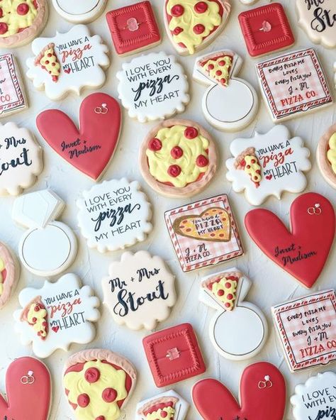 Pizza My Heart Cookies, Love And Pizza Engagement Party, Pizza Bridesmaid Proposal, That’s Amore Pizza Party, Pizza Wedding Shower Ideas, Pizza Sugar Cookies Decorated, Fun Wedding Food Ideas, Pizza And Wings Before The Rings, Pizza Themed Bridal Shower Ideas