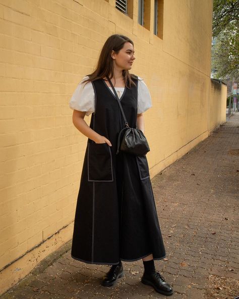 Black Cotton Pinafore Dress For Spring, Ora Pinafore Pattern, Ora Pinafore, Black Denim Pinafore Dress, Cotton Knee-length Pinafore Dress With Pockets, Pinafore Dress, Top Stitching, Outfits Aesthetic, Slow Fashion