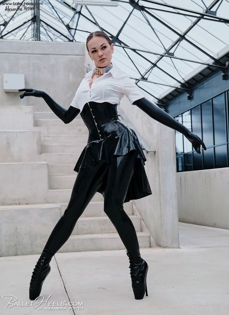 Ballet High Heels, Alexandra Potter, Black Monokini, Ballet Boots, Vinyl Fashion, Ballet Heels, Long Gloves, Leather Outfit, Dark Fashion