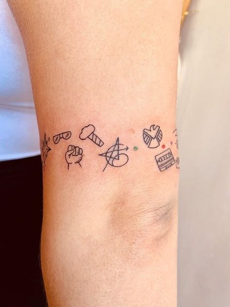 Small Movie Themed Tattoos, Gardians Of The Galaxy Tattoo Ideas, Simple Fandom Tattoos, Marvel Sleeve Tattoo Woman, Small Marvel Tattoo Ideas For Women, Feminine Marvel Tattoo, Girly Marvel Tattoos, Captain Marvel Tattoo Ideas, Guardians Of The Galaxy Vol 3 Tattoo