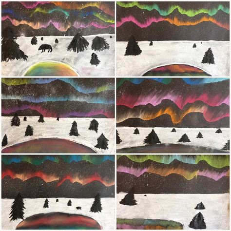 Art Room Britt: Aurora Borealis (Northern Lights) Mixed Media Northern Lights Art Project, Paint On Black Paper, Aurora Borealis Painting, Aurora Borealis Art, Northern Lights Art, Winter Art Lesson, Northern Lights Painting, Night Sky Art, Winter Art Projects