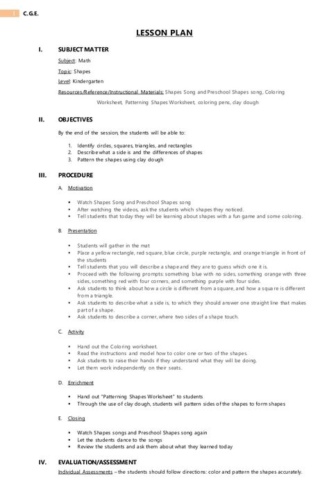 Lesson plan about Shapes Lesson Plan For Special Education, Lesson Planning For Preschool, Lesson Plan Kindergarten Ideas, How To Engage Preschoolers, Preschool Lesson Plan Examples, Activity Plan For Preschoolers, Maths Lesson Plan For Kindergarten, Kindergarten Lesson Plan Sample, English Tutoring Ideas Lesson Plans