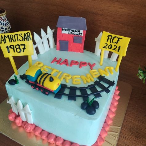 Railway employee retirement custom cake! Northern railway! Fresh fruit cake flavour! Vanilla cake! White truffle cake! Retirement Theme Cake, Retirement Party Cakes, Fresh Fruit Cake, Truffle Cake, Tiered Cakes Birthday, Retirement Cake, Cake Quotes, Cake White, Custom Birthday Cakes