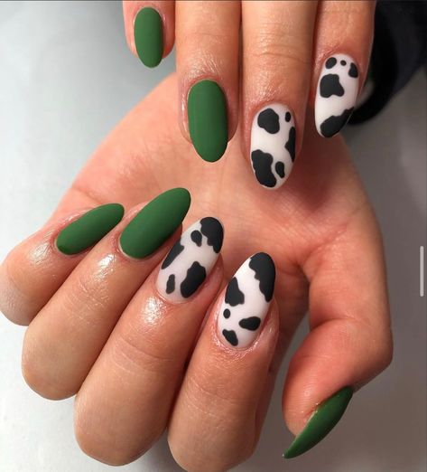 Sage Green Cow Print Nails, Green Western Nails, Green Cow Print Nails, Nostalgic Nails, Farm Nails, Cow Print Nails, Western Nails, Green Acrylic Nails, Boho Nails