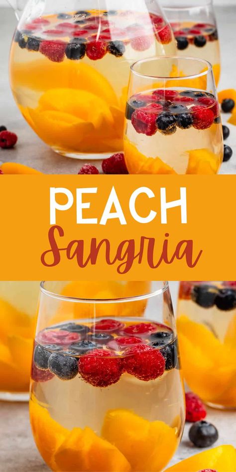 Peach Sangria is an easy party punch recipe full of peach flavor - use frozen fruit to keep the sangria cold!