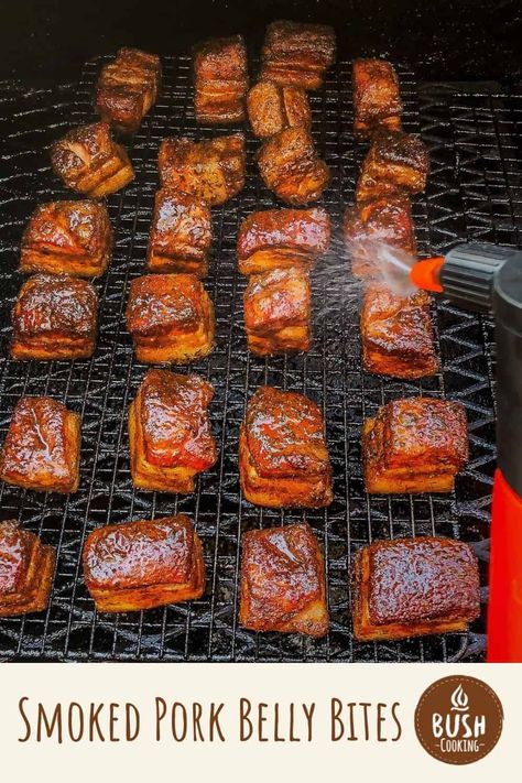 Stack them in a bun, in tacos, or on top of a burger, you can’t go wrong with the sweet, salty, and smoky, pieces of goodness of smoked pork belly bites. #bushcooking #burntends #porkbelly Pork Belly Recipe Oven, Asian Pork Belly, Pork Belly Bites, Smoked Pork Belly, Smoked Dishes, Pork Bites, Pork Belly Burnt Ends, Honey Pork, Braised Pork Belly