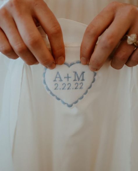 Wedding Date Embroidery On Dress, Something Blue Wedding Dress Patch, Something Blue Embroidery, Sew Wedding Gift, Unique Something Blue Wedding, Something Blue For Wedding, Something Blue Wedding Theme, August Wedding Dress, Something Blue Wedding Ideas