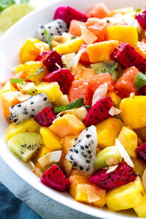 Tropical Fruit Salad, Honey Lime Dressing, Slow Cooker Chicken Thighs, Lime Recipes, Lime Dressing, Honey Lime, Healthy Sides, Healthy Side Dishes, Tropical Fruit