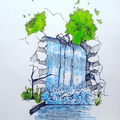 Waterfall Sketch, Waterfall Drawing, Nature Drawings, Drawing Scenery, Drawing Nature, Architecture Drawing Sketchbooks, Landscape Architecture Drawing, Waterfall Paintings, Drawings Ideas