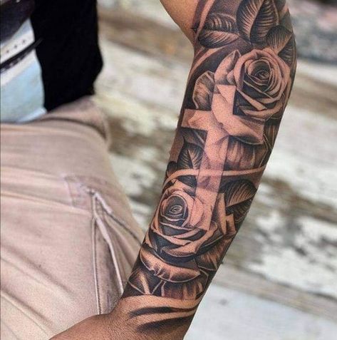 Wrap Around Forearm Tattoos Men, Rose Sleeve Tattoo For Men, Tj Tattoo, Nick Tattoos, Half Sleeve Tattoos Forearm, Cool Half Sleeve Tattoos, Rose Tattoo Sleeve, Christian Sleeve Tattoo, Rose Tattoos For Men