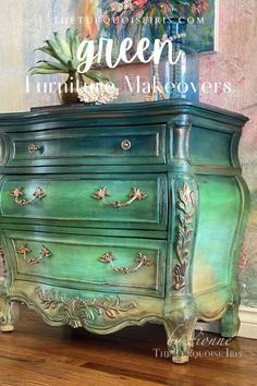 Green Painted Furniture, Bombay Chest, Bohemian Furniture, Green Furniture, Diy Furniture Renovation, Sea Spray, Funky Painted Furniture, Funky Furniture, Hand Painted Furniture