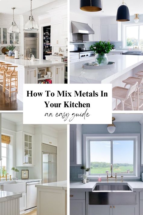 An easy guide on the dos and don'ts of mixing metal finishes in the kitchen. Kitchen Mixing Metals, Mixed Metal In Kitchen, Mixed Hardware In Kitchen, Mixing Brushed Nickel And Black, Mixing Metals In The Kitchen, Mix Finishes In Kitchen, Kitchen With Mixed Metals, Kitchen Mixed Metals Stainless Steel, Mixed Metal Kitchen Hardware