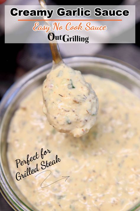 Garlic Cream Sauce is a great addition to grilled steaks, vegetables and pasta. This easy no cook creamy garlic sauce will elevate any meal with the amazing flavor combination. Garlic Sauce For Steak, Grilled Steaks, Homemade Sauce Recipes, Garlic Cream Sauce, Summer Eats, Creamy Garlic Sauce, No Cook, Low Carb Sauces, Gravy Sauce