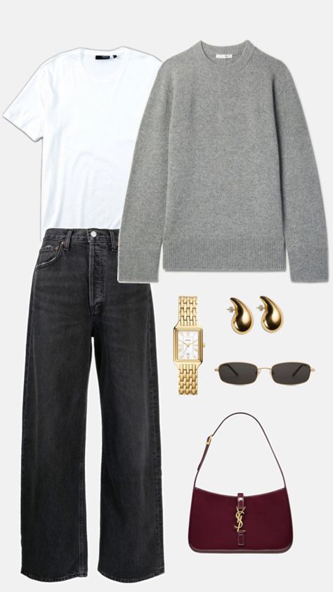 Black jeans, oversized gray sweater and gold accessories Black Jeans, Grey, Sunglasses, Oversized Gray Sweater, Gray Sweater, Grey Jeans, Gold Accessories, Grey Sweater, Street Style