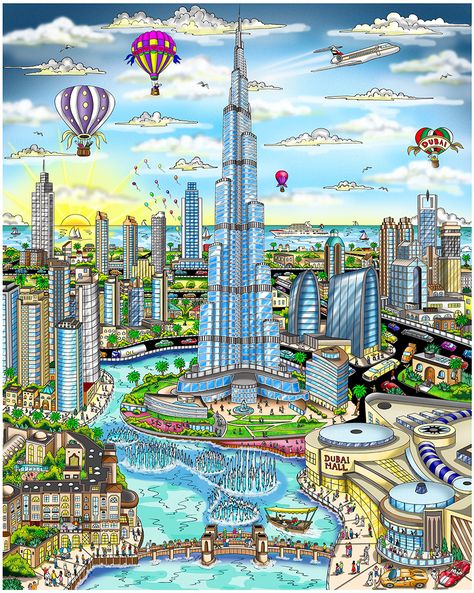 Available Now: Fazzino’s Dubai 3D Pop Art Pieces Charles Fazzino, Dubai Art, 3d Pop Art, Vintage Poster Design, Sand Crafts, City Drawing, Visit Dubai, Bookshelf Design, Travel Icon