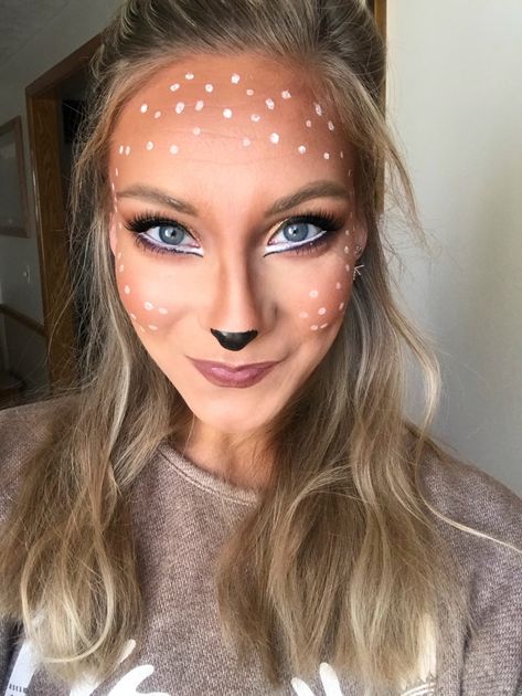 Make Up For Deer Costume, Doe Eye Makeup Halloween, Oh Deer Halloween Costume, Sven Reindeer Makeup, Mom Deer Costume, Womens Doe Costume Diy, Doe Deer Face Paint, Halloween Doe Makeup, Female Deer Costume