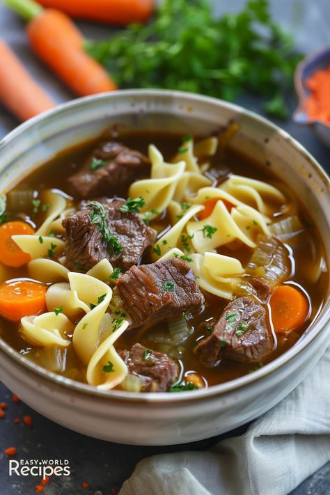 This authentic recipe German Beef Noodle Soup, or Rindfleisch-Nudelsuppe, is a hearty dish with tender beef, savory broth, and noodles. Beef Broth Noodles, Beef Broth Recipes Dinners, Recipes With Beef Broth, Beef Noodle Soup Recipes, Beef Pasta Soup, Beef Stew With Noodles, Beef And Noodle Soup, Broth And Noodles, German Main Dishes