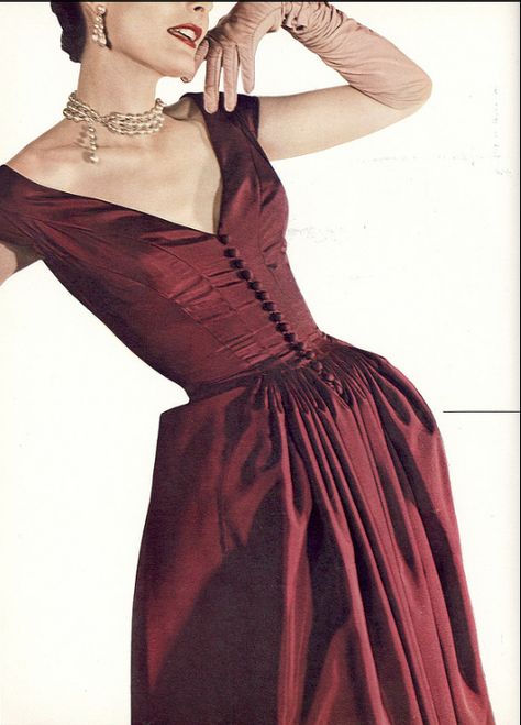 1949 Model in wine-colored silk taffeta dress by Nettie Rosenstein, Vogue Red Dp, 1940s Evening Dresses, Nettie Rosenstein, Birthday Glam, Red Silk Dress, Making Clothing, Taffeta Dress, 1940s Dresses, Red Lace Dress