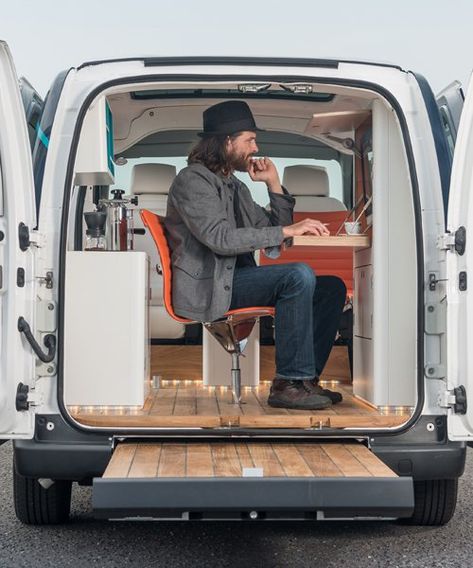 nissan e-NV200 WORKSPACe is the world's first all-electric mobile office Mobile Office Ideas, Mobile Office Van, Office Van, Van Office, Camper Furniture, 4x4 Camper Van, Campervan Ideas, Nissan Nv200, Sprinter Van Conversion