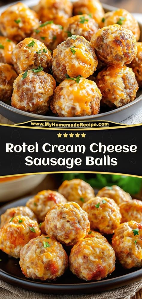 These Rotel Cream Cheese Sausage Balls are savory, cheesy bites with a hint of spice, perfect for appetizers or snacking! Ingredients: 1 lb breakfast sausage 1 can Rotel (drained) 1 cup cream cheese 1 cup biscuit mix A quick and delicious party favorite with a spicy kick Quick Party Dips, Sausage Balls With Cream Cheese, Easy Sausage Balls, Easy Sausage Balls Recipes, Cheese Sausage Balls, Cheesy Garlic Chicken, Cream Cheese Sausage, Cream Cheese Sausage Balls, Ms Recipes