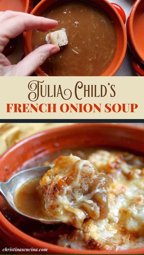 The French onion soup Julia Child made is a classic recipe, but I made one tiny change which I think makes the eating and enjoying of the soup much easier. Sorry, Julia! Easy French Onion Soup Recipe, Best French Onion Soup, Classic French Onion Soup, French Soup, French Onion Soup Recipe, Onion Soup Recipes, Stew Chicken Recipe, Confort Food, Recipe Vegetarian