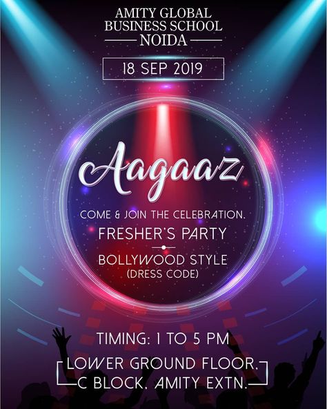 Inviting all the MBA (2019-21) & BBA (2019-22) students to be there at AAGAAZ, and start college life with a bang! Get ready to dance till you get sore. #Aagaz #Aagaz2019 #Freshersparty #AGBS #AGBSNoida College Fest Invitation Card, Freshers Day Names, Theme For Freshers Party In College, Unique Names For Freshers Party, College Freshers Party Invitation Card, Freshers Party Name Ideas, Freshers Day Poster, Freshers Invitation, Party Event Ideas