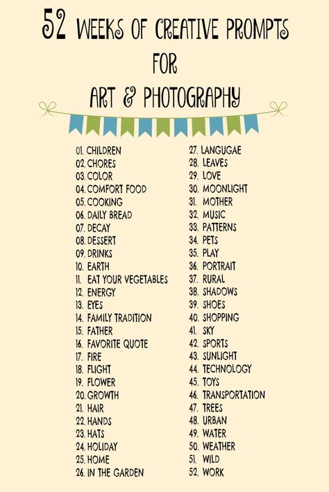 52 Weeks of Creative Prompts for Art and Photography Projects Weekly Art Prompts, Picture Prompts Photographs, One Word Art Prompts, Monthly Art Prompts, Photography Projects For Students, Photography Prompts Ideas, Photography Challenge Beginners, Photography Prompts, Prompts Ideas