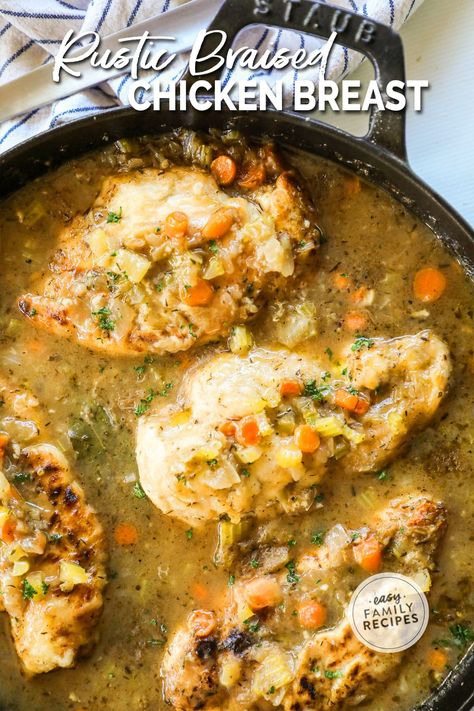 This rustic braised chicken breast recipe is a one-pan dish that promises juicy and tender chicken infused with savory flavors. It's perfect for an easy and delicious family dinner for busy weeknights. The simple step of deglazing the pan with a splash of white wine adds depth to the dish, and you'll have a flavorful masterpiece that's sure to impress. Enjoy the ultimate weeknight meal that's both easy to make and delicious. Rustic Braised Chicken, Recipes For Braising Pan, Chicken Braised Recipes, French Chicken Breast Recipes, Savory Chicken Breast Recipes, Chicken Breast Dutch Oven Recipes, Braised Chicken Thigh Recipes, Chicken Breast In Dutch Oven, Split Chicken Breast Recipes