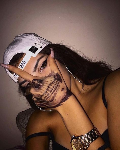 Skull Face Tattoo, Small Face Tattoos, Cute Thigh Tattoos, Face Tats, Face Tattoos For Women, Skull Hand Tattoo, Waist Tattoos, Small Shoulder Tattoos, Girl Back Tattoos