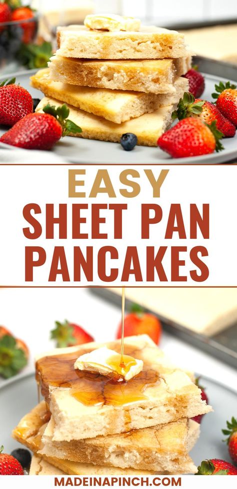 Sheet Pan Pancakes will be your new go-to breakfast option! Pancakes are a breakfast favorite for many, but making them can be time-consuming and messy. Sheet Pan Pancakes offer the same great flavor and texture as traditional pancakes, without the waiting, flipping, or eating in shifts! Easy Peasy - and stupid easy to customize to everyone's preferences! Homemade Sheet Pan Pancakes, Banana Sheet Pan Pancakes, Cinnamon Swirl Sheet Pan Pancakes, Pan Pancakes Sheet, Sheet Pan Pancakes With Pancake Mix Easy, Sheet Pan Pancakes Krusteaz, Pancake Sheet Pan, Pancake Bars, Sheet Pancakes