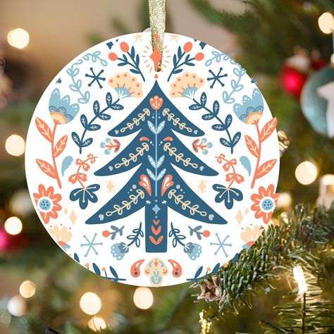 Scandinavian folk art Christmas tree round ceramic ornament. This ornament brings a cozy and festive vibe to your Christmas tree, perfect for those who love traditional holiday decor. Ideal for Christmas celebrations and as a stocking stuffer. Product features - Vibrant colors with latest printing techniques - Solid one-piece construction for durability - Glossy finish for a polished look - Available in 4 shapes - Snowflake, Star, Heart, and Circle - Hole and gold-toned hanging string included C Nordic Christmas Pattern, Folk Christmas Tree, Folk Christmas Decorations, Scandinavian Folk Art Christmas, Christmas Decorations Drawings, Scandi Folk Art, Folk Christmas, Wood Slice Decor, Folk Art Ornament