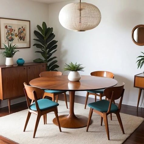 Mid Century Modern Wood Dining Table: Why Still Popular? - Mid-Century Modern (MCM) Mid Century Table Dining, Midcentury Modern Japandi, Small Mid Century Dining Room, Mid Century Modern Dining Table Round, Mid Century Modern Dining Room Ideas, Dining Set Ideas, Mid Century Modern Kitchen Table, Dining Room Small Space, Mid Century Decorating Ideas