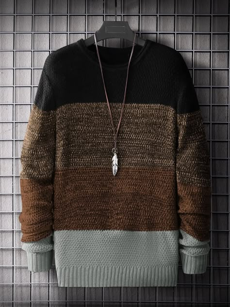 Men Cut And Sew Sweater | SHEIN USA Sew Sweater, Men Knitwear, Sweater Outfits Men, Trendy Shirt Designs, Mens Fashion Wear, Hooded Denim Jacket, Concept Clothing, Tshirt Design Men, Men Stylish Dress