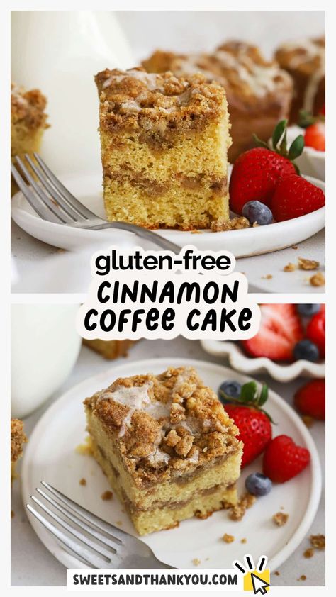 Our Gluten-Free Cinnamon Coffee Cake recipe has all the classic flavor you love, simply made gluten-free! This gluten-free crumb cake might just become your new favorite holiday breakfast. We combine fluffy, buttery vanilla cake with two layers of brown sugar cinnamon streusel topping for a delicious special occasion breakfast treat your whole family will love. Get the recipe at sweetsandthankyou.com Gluten Free Coffee Cake Recipe, Gluten Free Overnight Oats, Gluten Free French Toast, Cinnamon Streusel Topping, Gluten Free Coffee Cake, Gluten Free Food List, Gluten Free Smoothie, Brown Sugar Cakes, Gluten Free Coffee