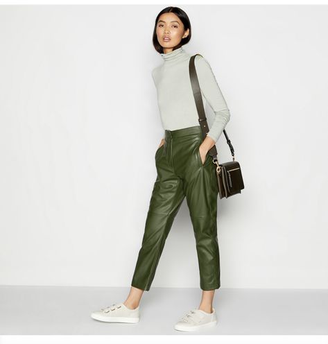 Cropped Trousers Outfit, Green Leather Pants, Olive Pants Outfit, Faux Leather Pants Outfit, Leather Trousers Outfit, Green Pants Outfit, Olive Pants, Leather Pants Outfit, Red Herring