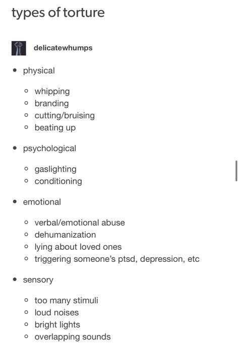 Traumatic Oc Backstory, Writing Blind Characters, Torture Methods Writing, Writing Stab Wounds, Torture Methods For Writing, Fatal Flaws For Characters, Writing Torture Scenes, Writing Gore, Torture Writing Prompts