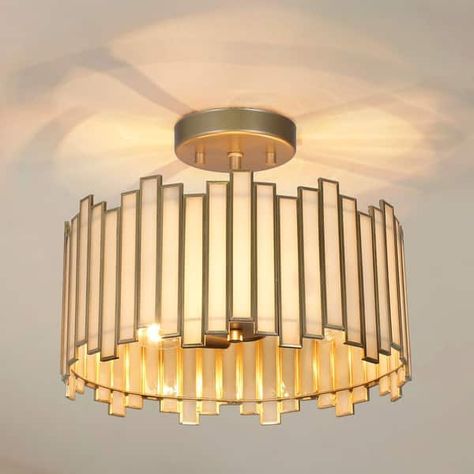 Tifany Modern Glam Gold 3-Light Drum Chandelier Glass Semi-Flush Mount Ceiling Light Dimmable - D 12.6" * H 10.2" - On Sale - Bed Bath & Beyond - 35665602 Chandelier Store, Colored Light Bulbs, Chandelier Glass, Modern Flush Mount, Material Art, Incandescent Light, Modern Glam, Drum Chandelier, Semi Flush Mount Lighting