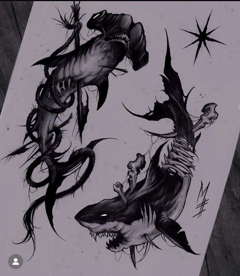 Underworld Tattoo Sleeve, Ocean Animal Tattoos Half Sleeves, Blackwork Ocean Tattoo, Gothic Shark Tattoo, Blackwork Shark Tattoo, Dark Shark Tattoo, Spooky Ocean Tattoos, Dark Pisces Tattoo, Scary Fish Tattoo