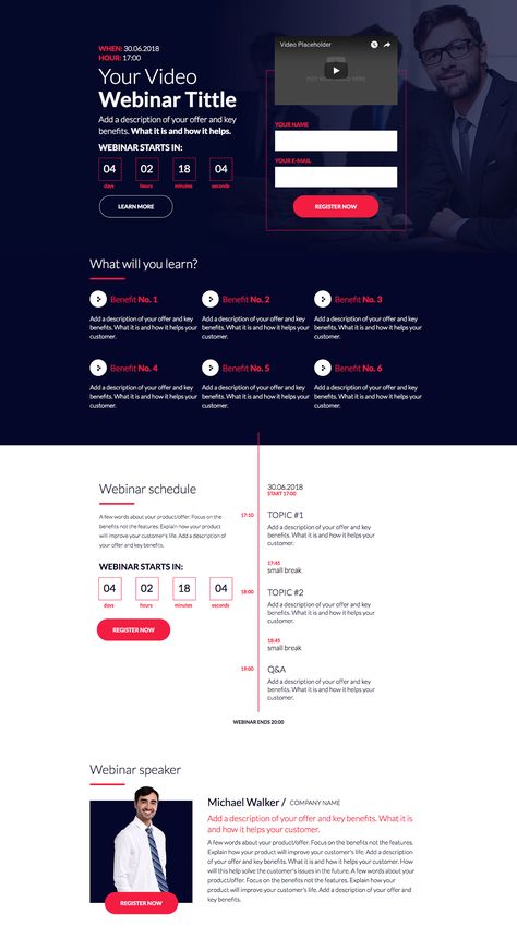 Video Webinar Landing Page Template Webinar Page Design, Webinar Landing Page, Event Landing Page Design, Webinar Design Inspiration, Event Page Design, Email Newsletter Inspiration, Webinar Invitation, Webinar Funnel, Desain Ux