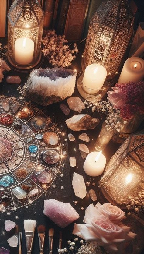 Crystal Altar Ideas, Witchcraft Altar, Ritual Magic, Nature Witch, Mystic Moon, Crystal Altar, Spiritual Artwork, Fantasy Homes, Mandala Wall Art