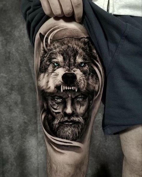 Wolf Leg Tattoo, Kurt Tattoo, Tattoo Odin, Tato Maori, Thigh Tattoo Men, Animal Tattoos For Men, Tiger Tattoo Sleeve, Best Leg Tattoos, Wolf Tattoos Men