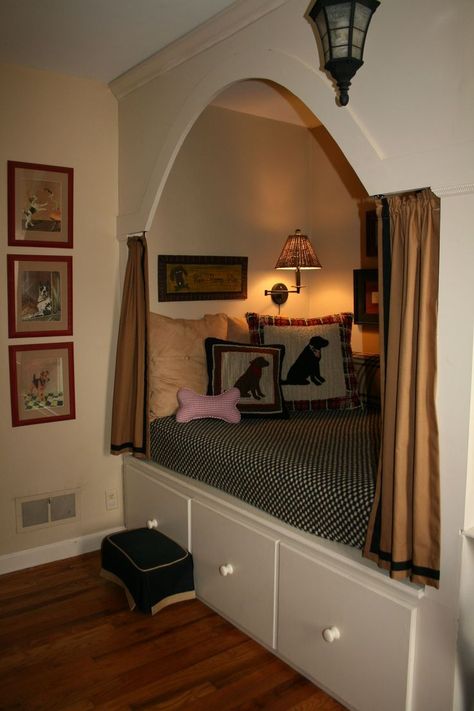 Closed In Bed Ideas, What To Do With Basement Space, Cubby Beds Built Ins, Beds In Nooks, Built In King Bed, Diy Alcove Bed, Bed In Front Of Closet, Built In Bed Frame, Bed Built Into The Wall