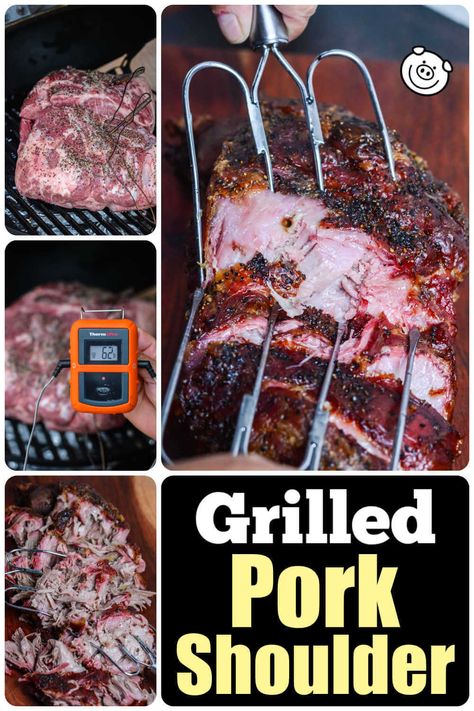 Grilled Pork Shoulder Pork Shoulder Grill Recipes, Grilled Pork Shoulder, Boneless Pork Shoulder Roast, Pork Shoulder Recipes, Shoulder Bones, Boneless Pork Shoulder, Pork Shoulder Roast, Grill Time, Weber Grill