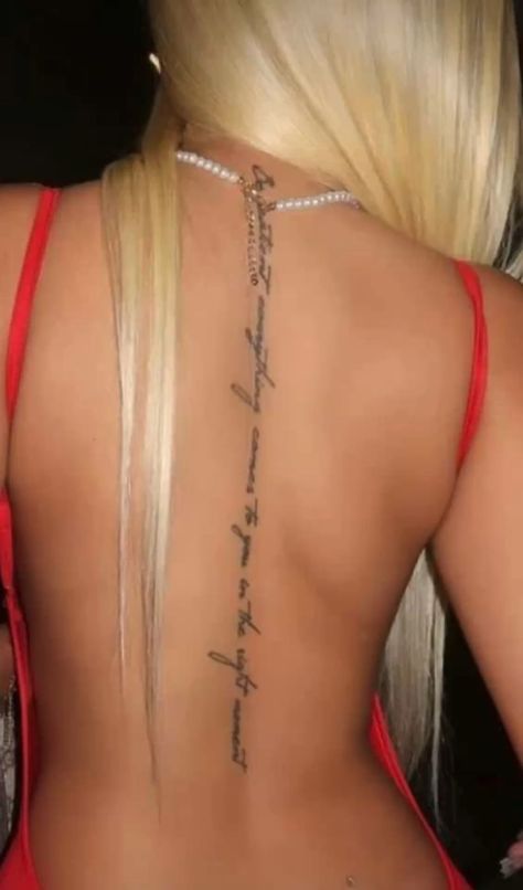 Back Tattoo For Backshots, Cute Dainty Spine Tattoos, Women Between Chest Tattoo, Tats Female, Back Tattoo Women Ideas, Spine Tats Quotes, Horizontal Back Tattoo, Spine Tats For Women, Hot Back Tattoos For Women